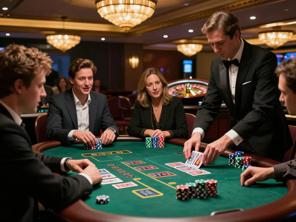 Players enjoying an intense game of blackjack at MM88 casino with colorful chips and immersive atmosphere.