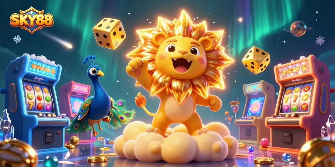 Engage with SKY88 through thrilling 3D visuals of vibrant casino elements like golden dice and slot reels.