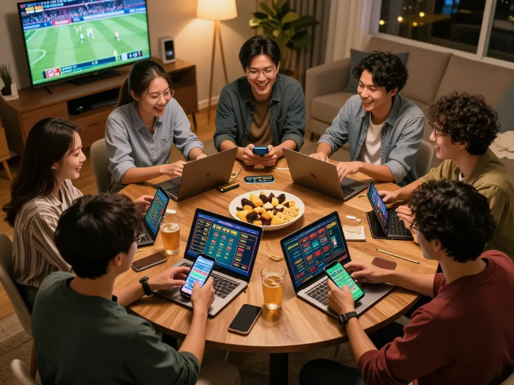 Sports enthusiasts engaging in online betting using sun win app at home, excited atmosphere filled with screens and snacks.