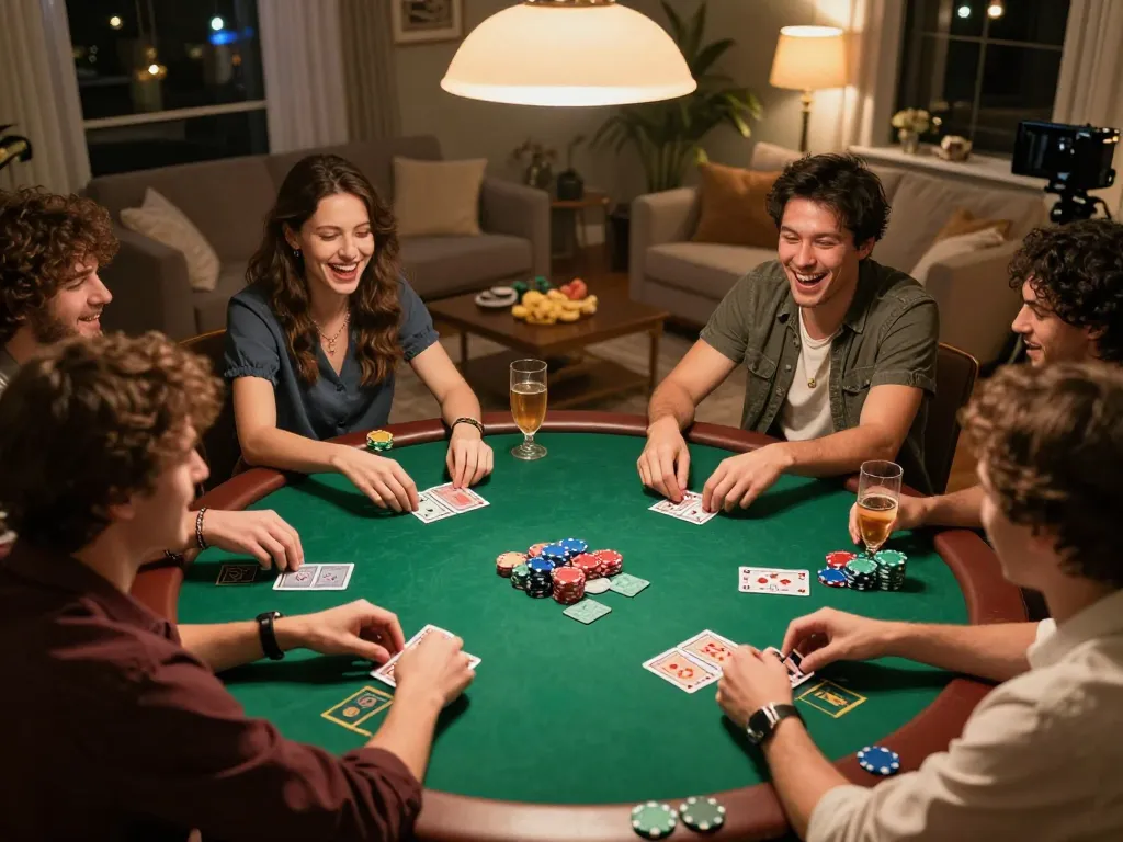 Hitclub players enjoying a friendly poker night, showcasing excitement and strategic gameplay in a cozy home setting.