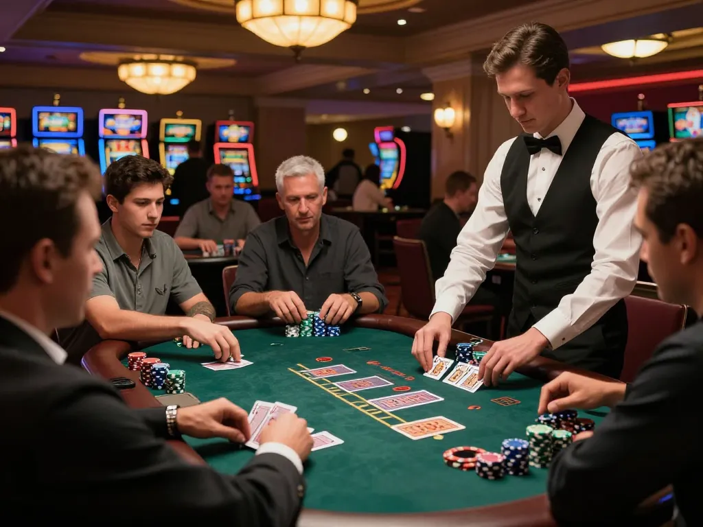 Fly88 players engage in an exciting blackjack game with colorful chips and a professional dealer