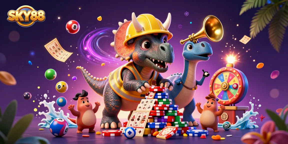 Celebrate wins at SKY88 with colorful lottery balls and joyful characters in a lively casino scene.