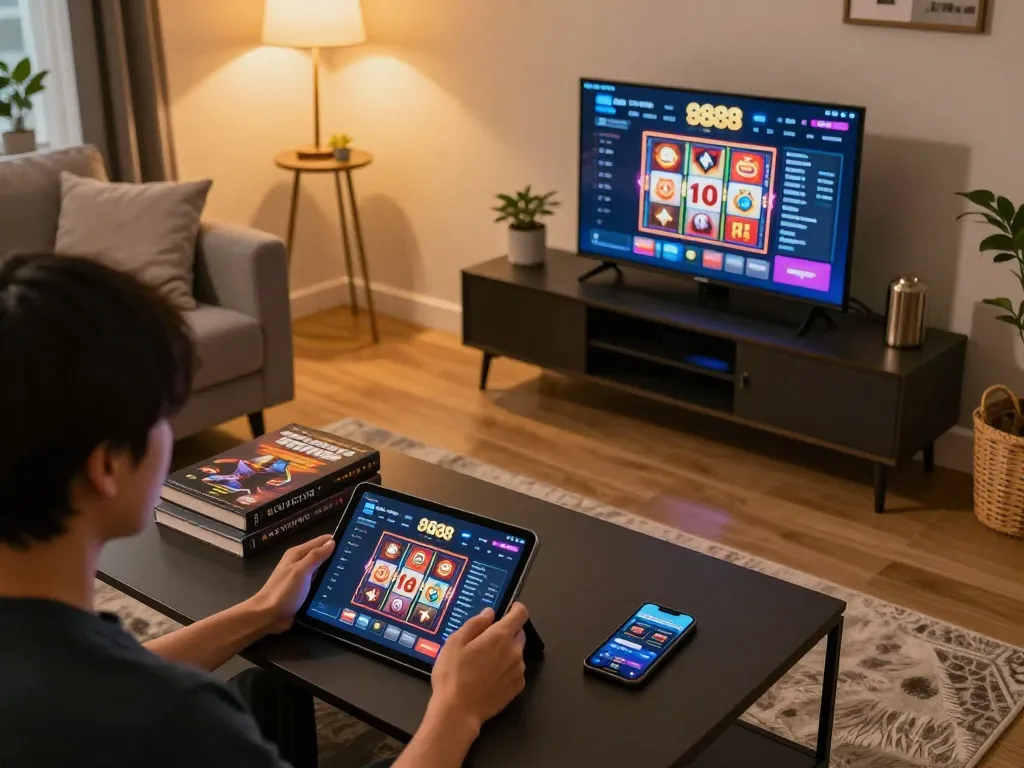 Player enjoying slot88 games on tablet in cozy home gaming setup, highlighting strategic approach