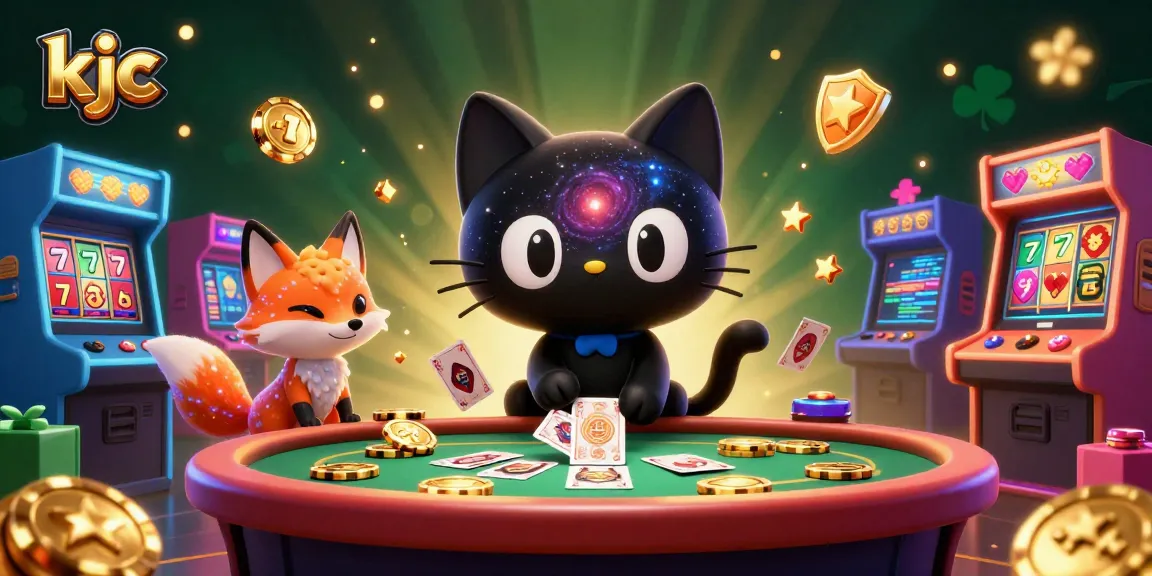 Play exciting casino games at KJC with golden chips and vibrant slot elements.