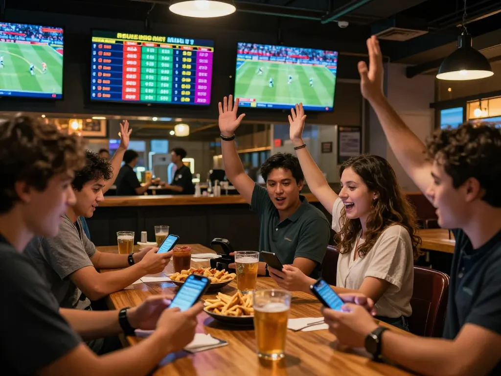 Engaged fans placing bets on their devices during a five88 top sports betting event at a vibrant sports bar.