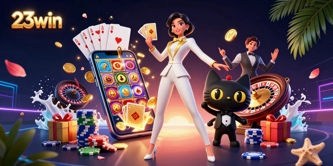 Engage with 23win as a glamorous woman shuffles cards at an electrifying casino scene.