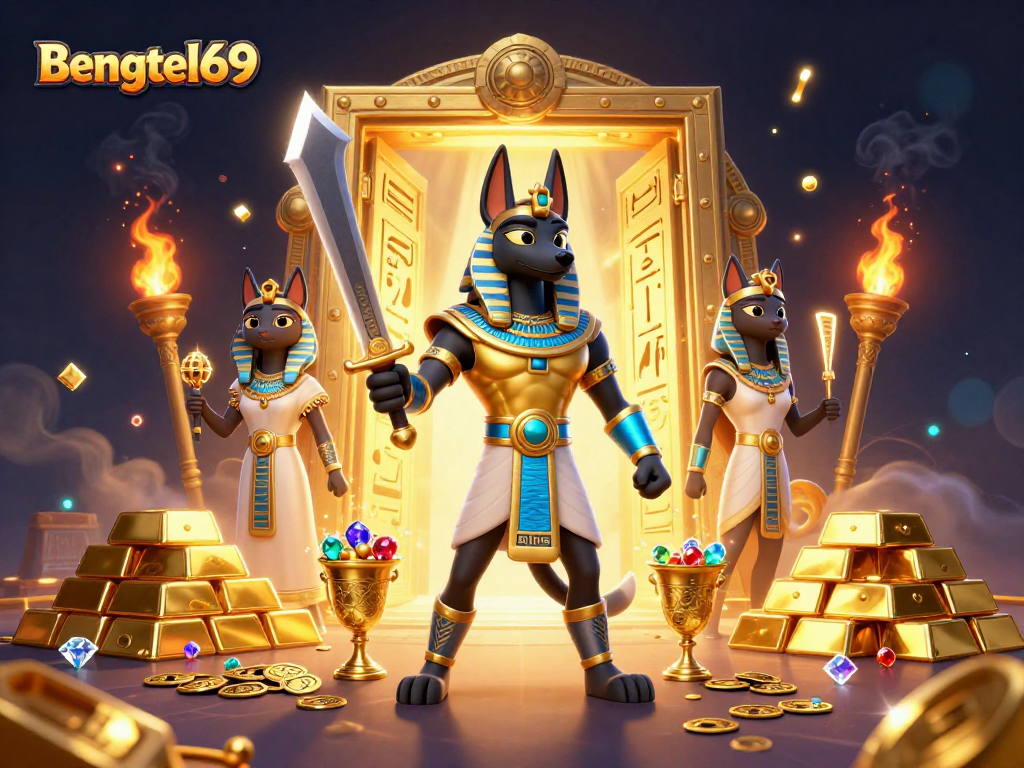 Bengkel69 showcases ancient Egyptian-themed casino illustrations with Anubis wielding gold treasures.