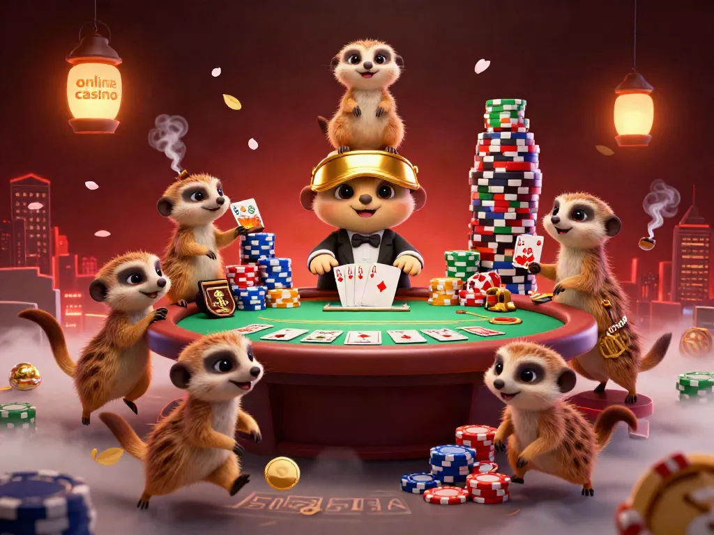 Engage in thrilling gameplay with a vibrant online casino illustration featuring meerkats in action.