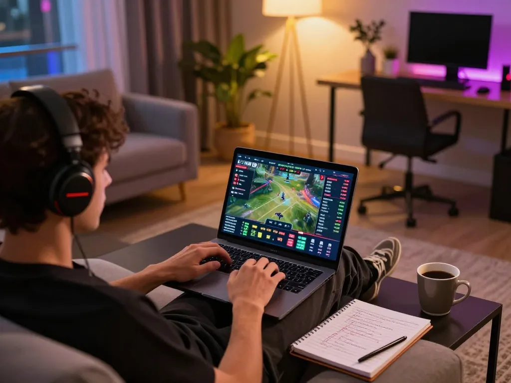 Action-packed sports betting at uu88 on a cozy laptop setup with warm lighting.