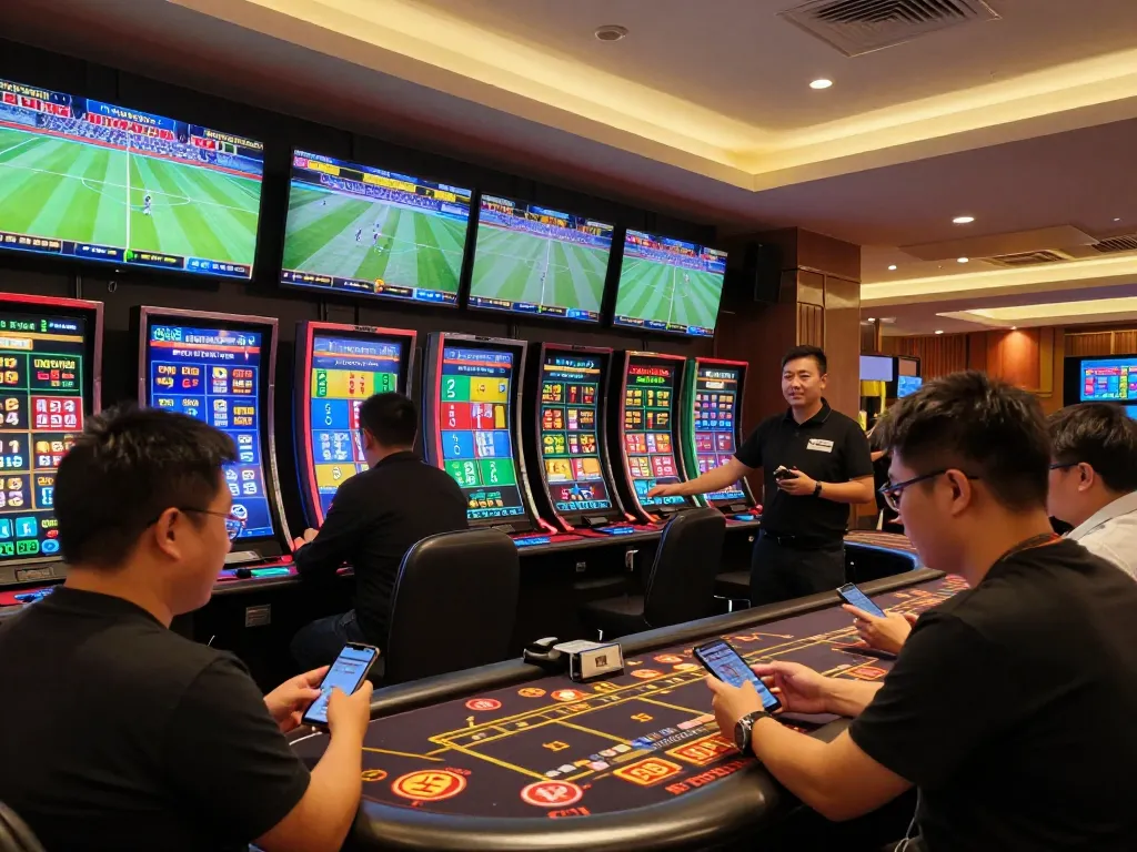 Sports enthusiasts placing bets with smartphones at SC88 during live events.
