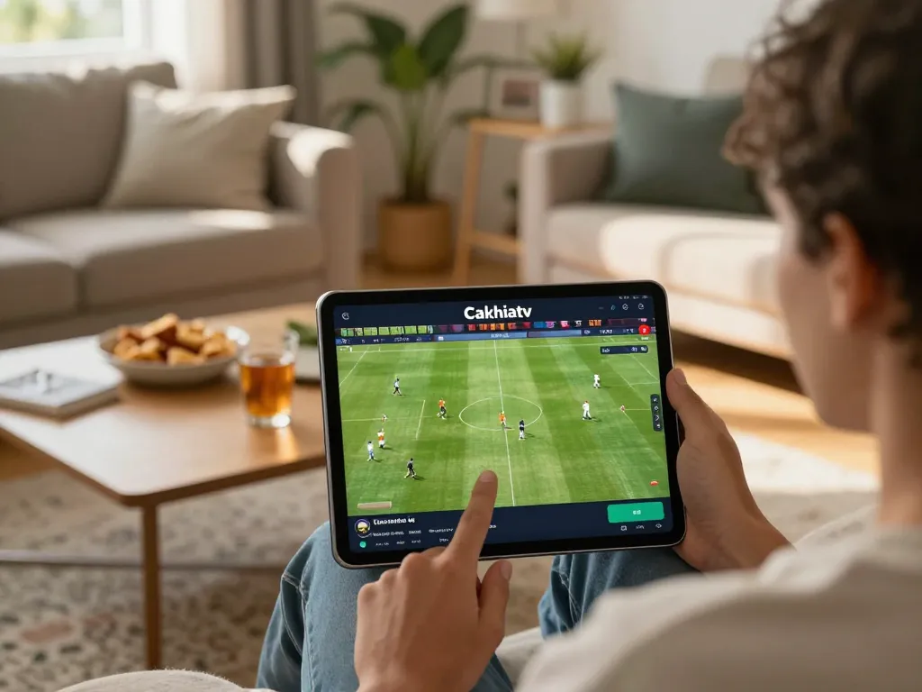 Cakhia tv user engaged in live soccer watching on a tablet in a cozy living room setting