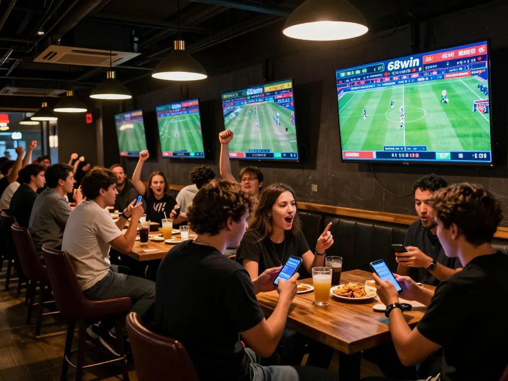 Engaged sports fans using 68win app for live betting during crowd excitement at a sports bar.