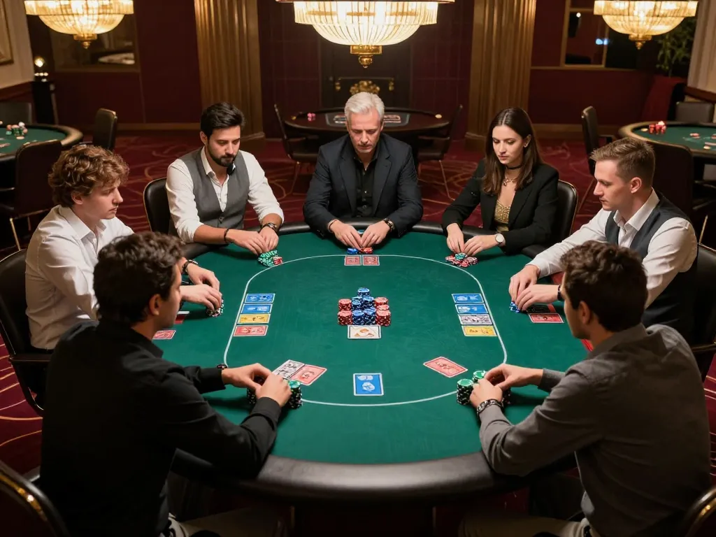 PHTAYA poker players engaged in intense game strategy at upscale casino table.