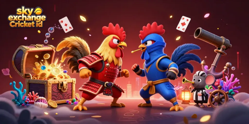Engage with thrilling action of sky exchange Cricket id featuring dynamic fighting roosters amidst a rich gambling scene.