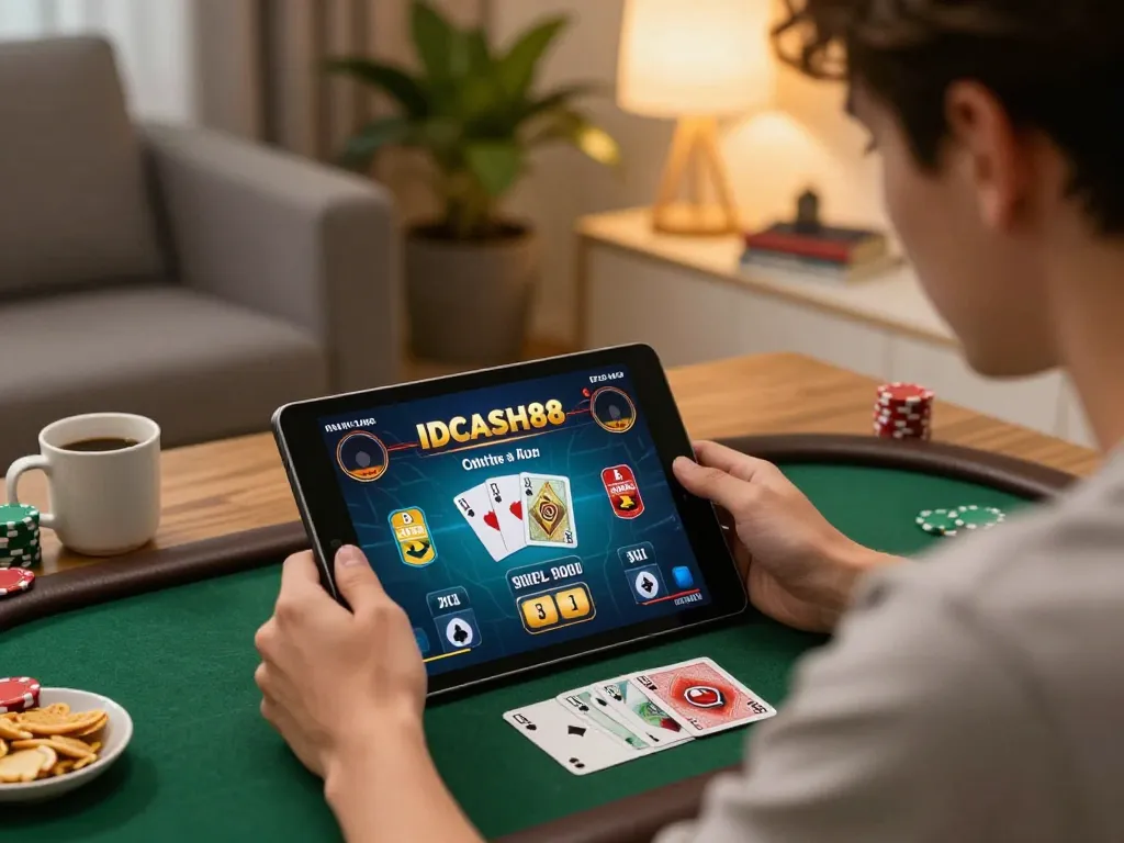 Engaging in the strategic world of online gambling with IDCASH88 on a tablet in a cozy living room.