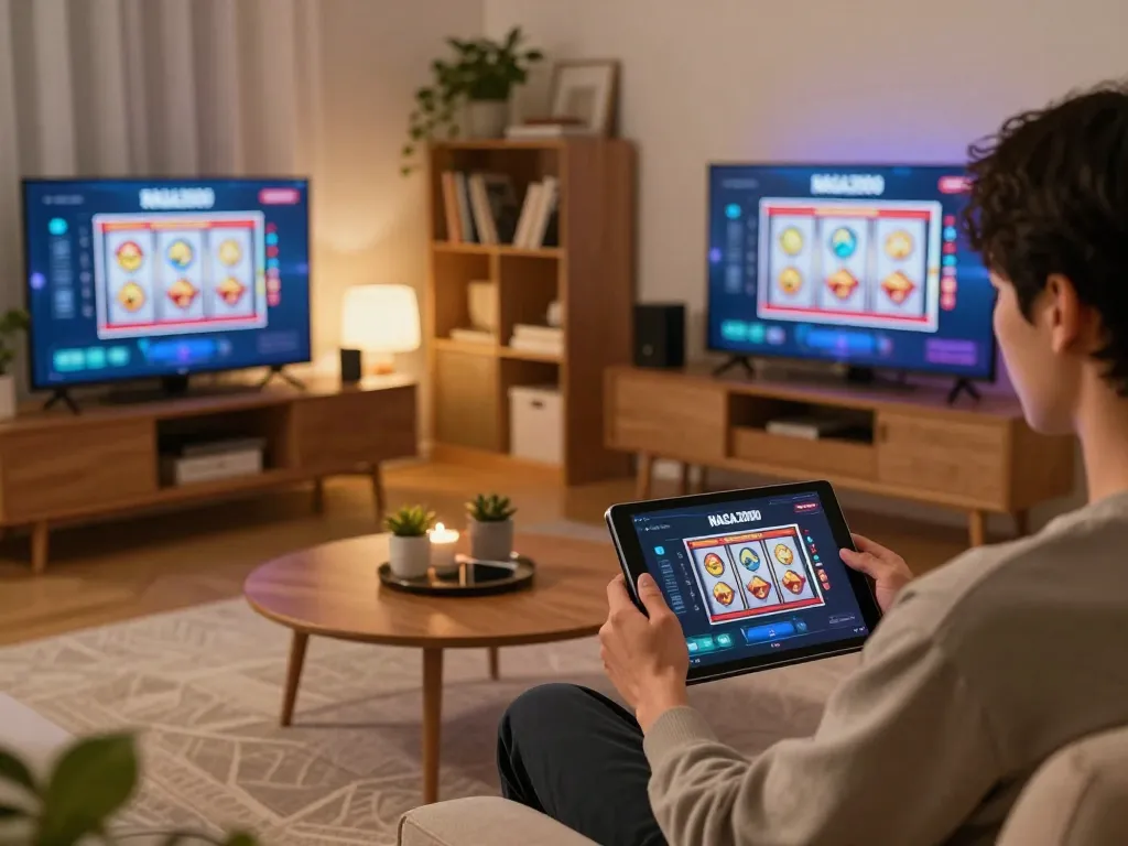 NAGA2000 user enjoying tablet gaming with vibrant graphics, focused on responsible gaming