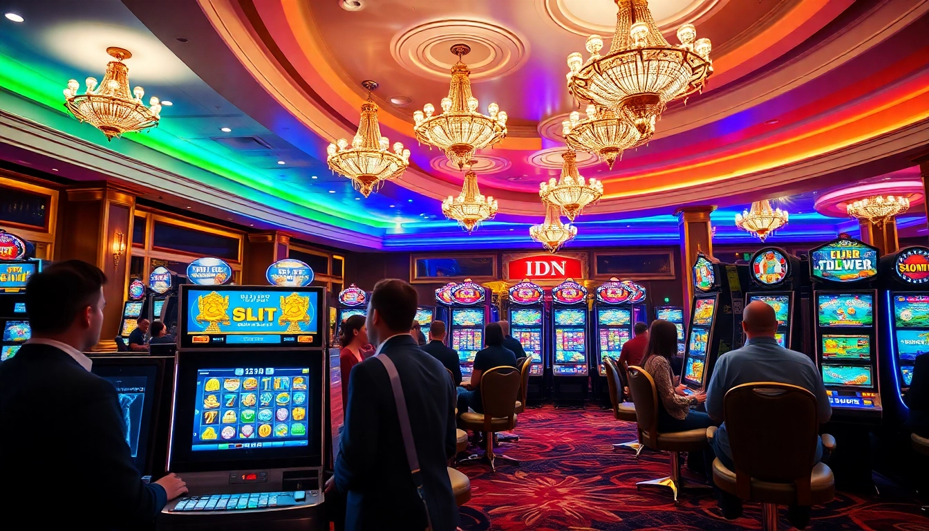 Engaged players enjoying IDN slot games in a luxurious casino atmosphere.