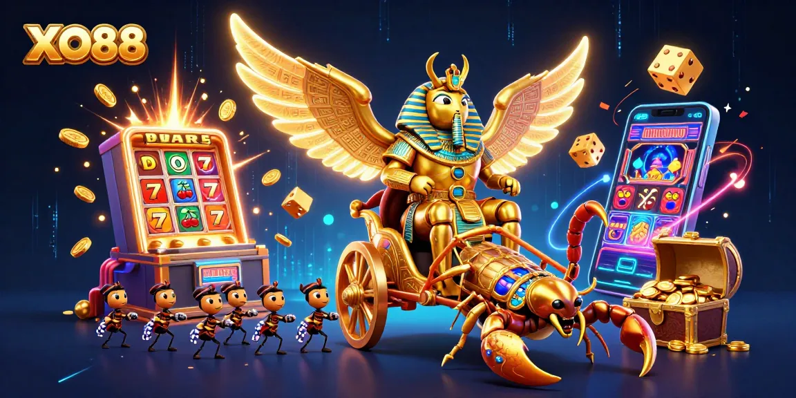 Experience thrilling wins with XO88's vibrant casino scene featuring a golden scarab and jackpot animations.