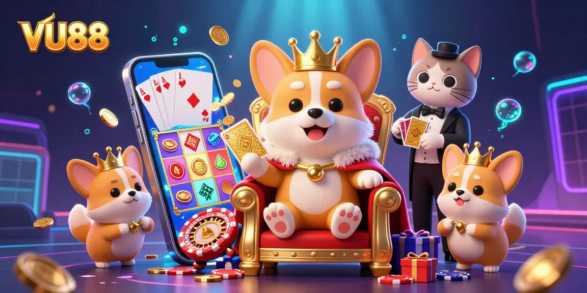Experience thrilling gaming at VU88 with royal corgis in a vibrant casino scene.