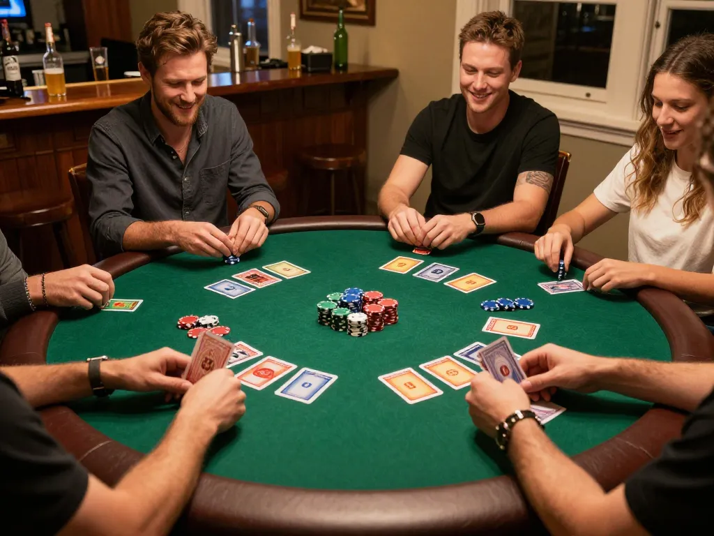 Friends enjoying an engaging poker game with SC88 strategy elements in a cozy home setting