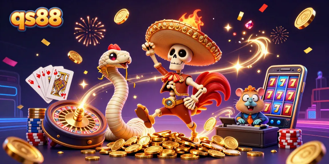 qs88 celebrates with a vibrant 3D casino scene showcasing the mariachi rooster, mummy snake, and hamster DJ among a flurry of coins and gems.