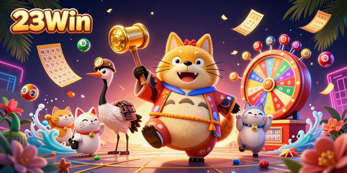 Experience thrilling gaming at 23Win with vibrant lottery elements and cheerful characters.