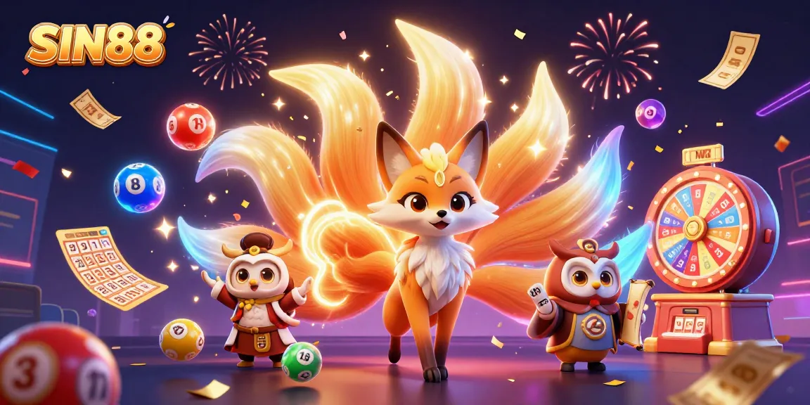 SIN88 delivers an exciting gaming atmosphere with a vibrant nine-tailed fox and owl under dynamic confetti.