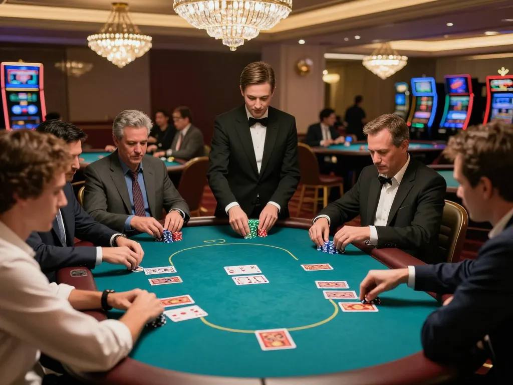 B52club players engage in high-stakes poker at an upscale casino table.