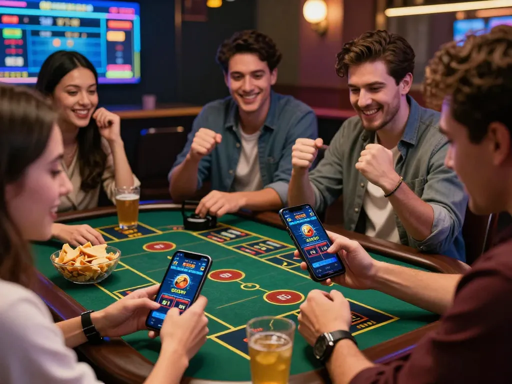 Friends enjoying online betting on https://sc88e.com/ app in a vibrant atmosphere.