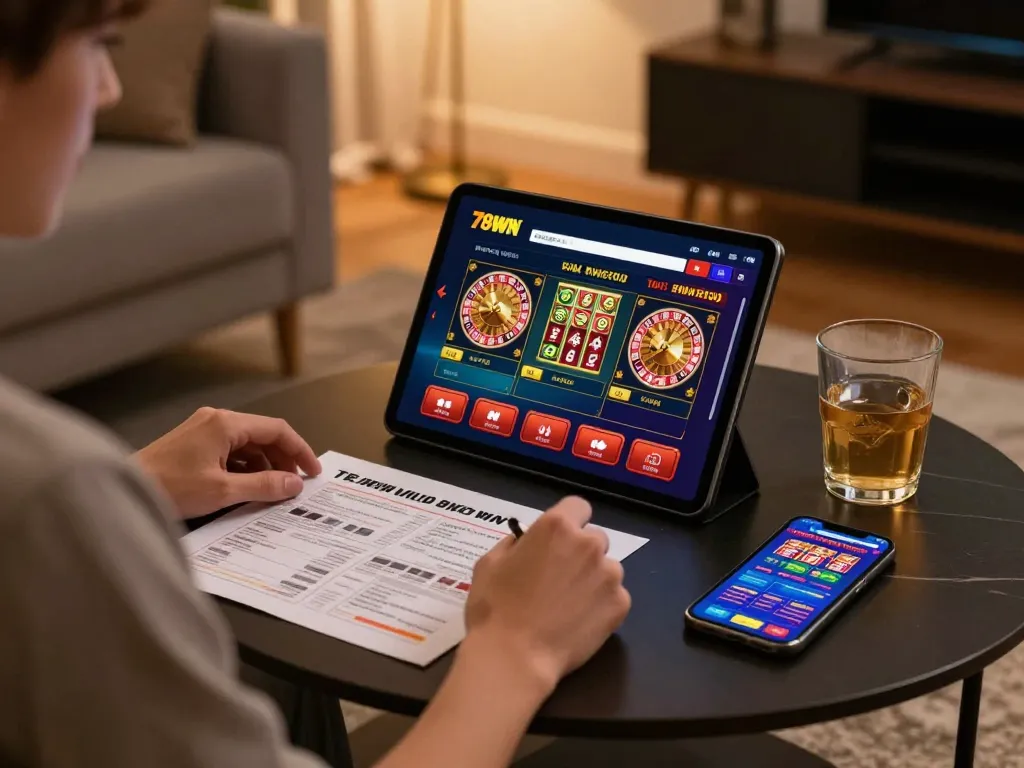 Engaged player using the 789WIN online casino app on a tablet in a cozy living room.
