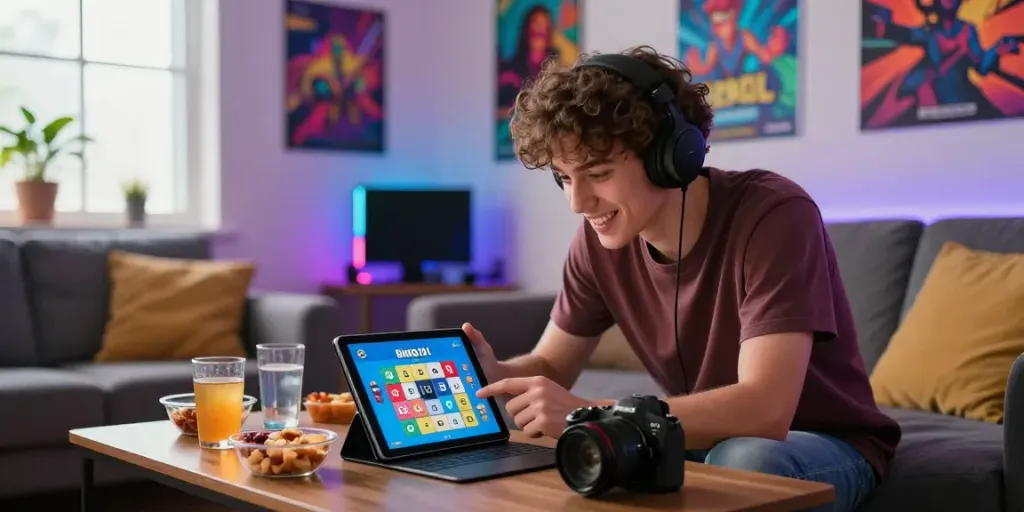 Bingo 101 app experience in a cozy setting with colorful decor.