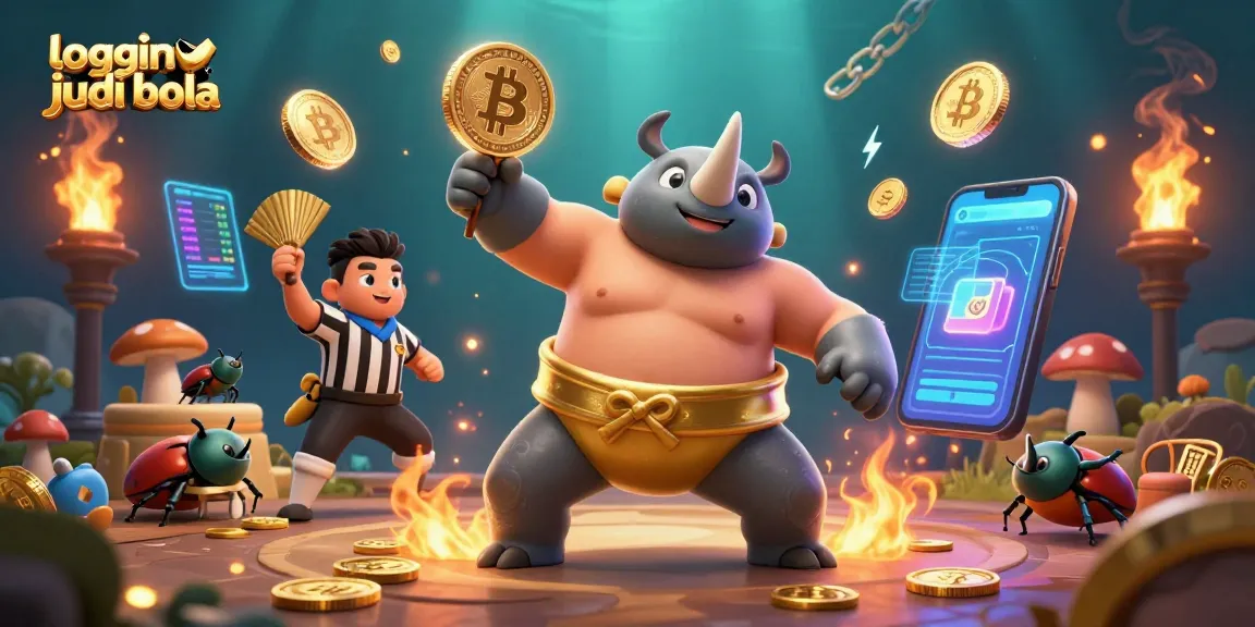 Experience login judi bola gameplay with a vibrant scene of a sumo beetle champion amidst glowing crypto elements.