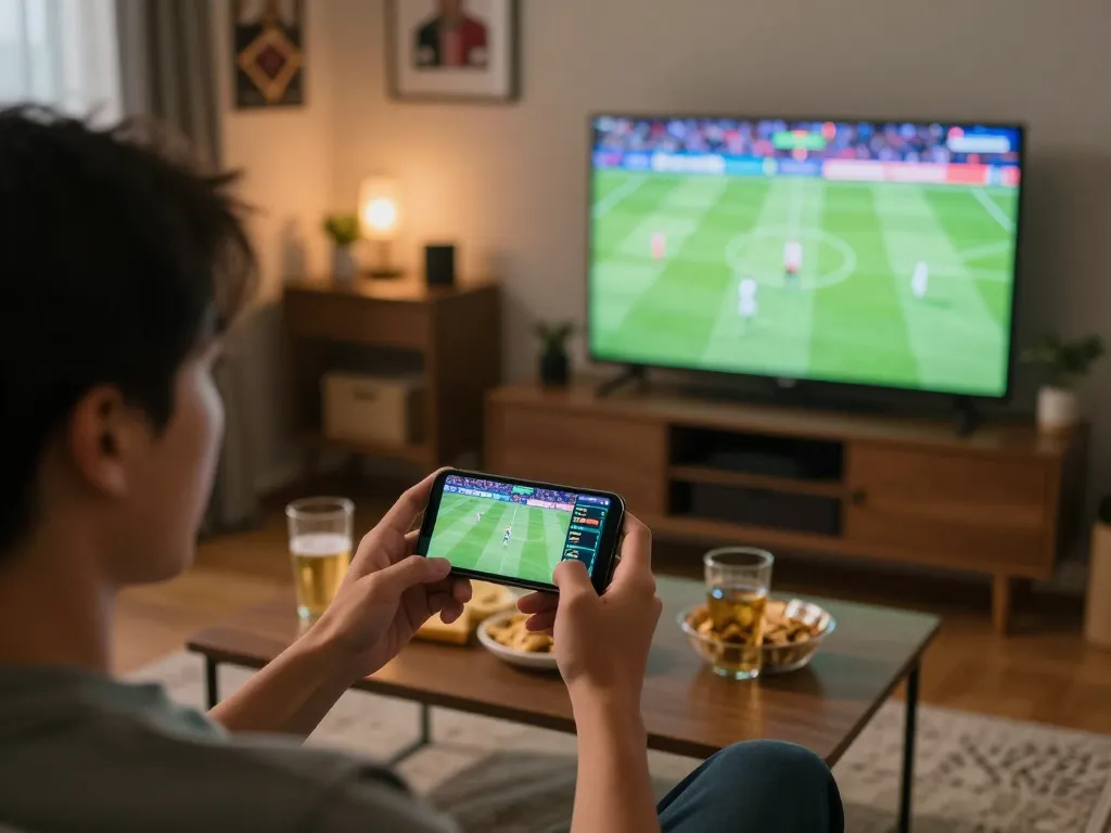 Engaged in kèo bóng đá betting action, person using smartphone to place bets while watching a game.