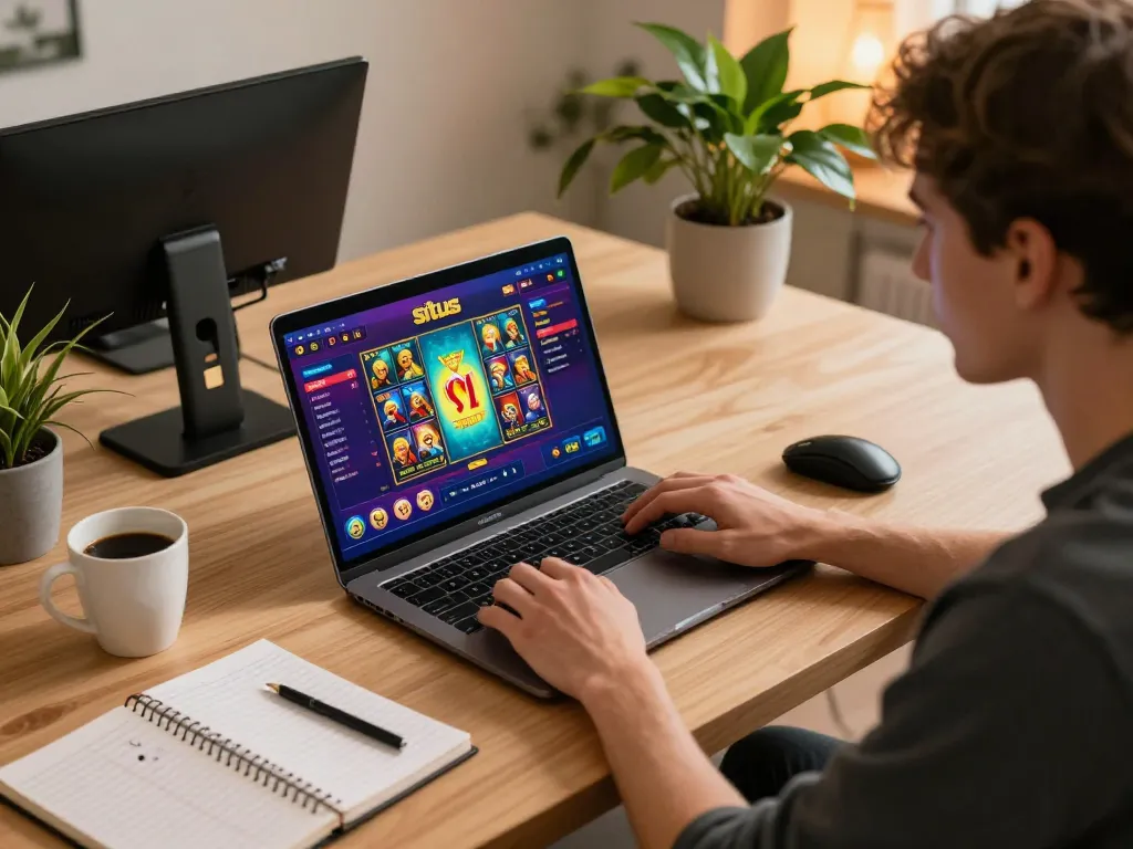 Engaging with situs slot online in a stylish home workspace, showcasing responsible gaming.