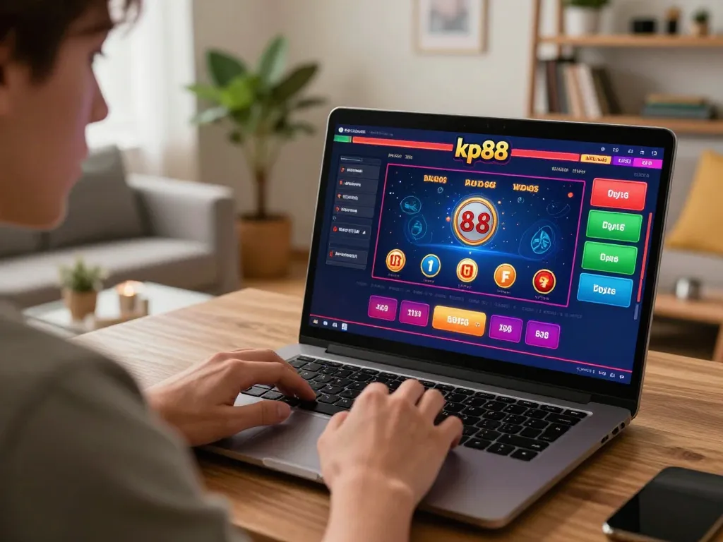 Player engaging in online gambling at kp88 on a laptop, showcasing vibrant casino interface and strategic gameplay.