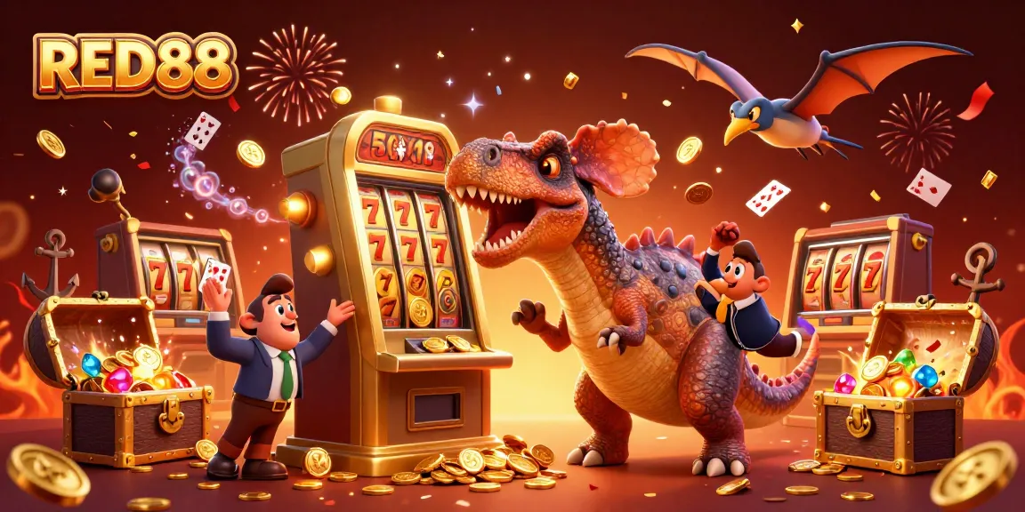 Experience the fun of winning with RED88 at this lively casino scene featuring cartoon characters and jackpot excitement.