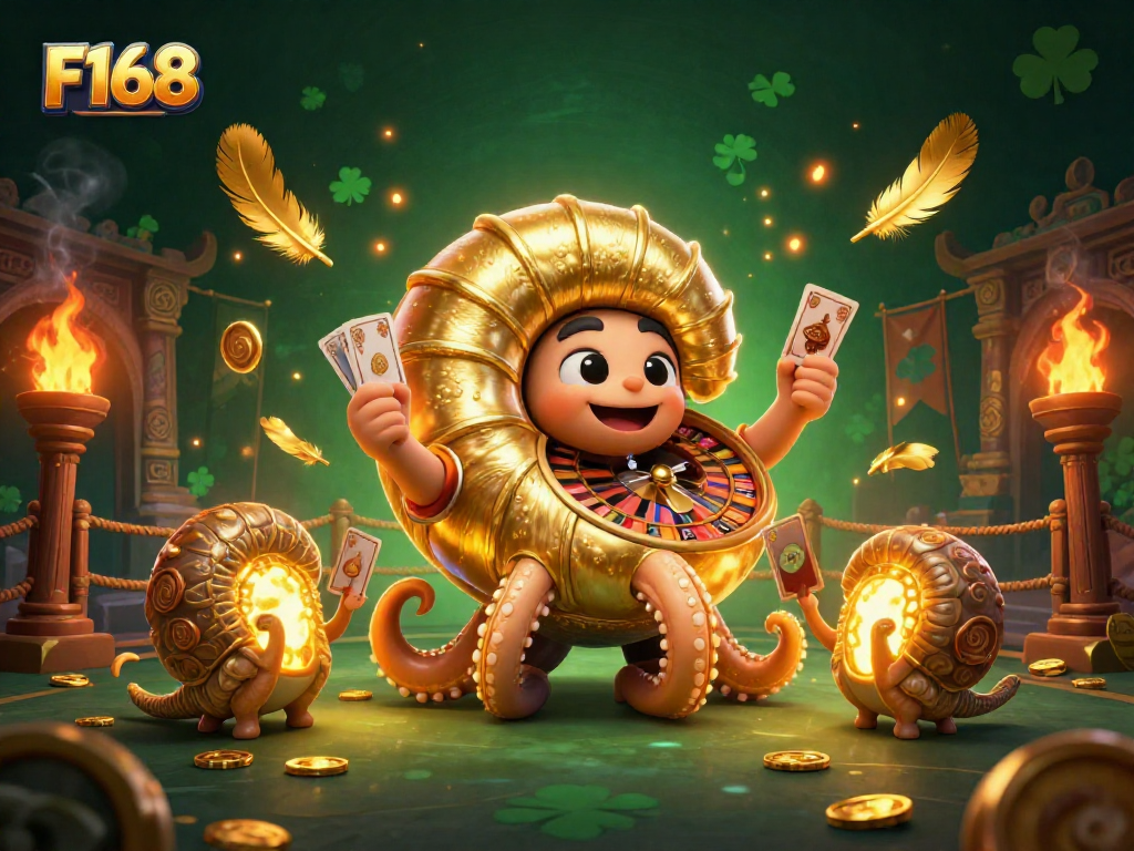 Experience excitement at F168 with vibrant characters, a roulette shell, and golden casino elements.