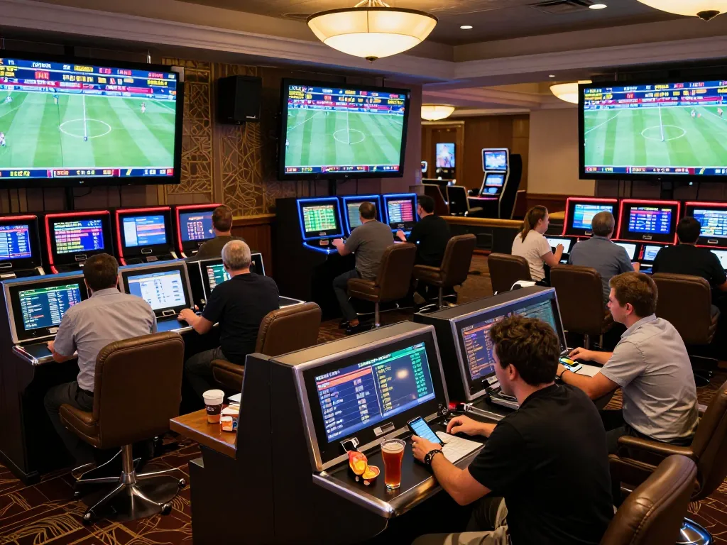 Engaging in soi kèo nhà cái strategies at a lively sports betting scene, showcasing bettors placing dynamic bets and studying screens