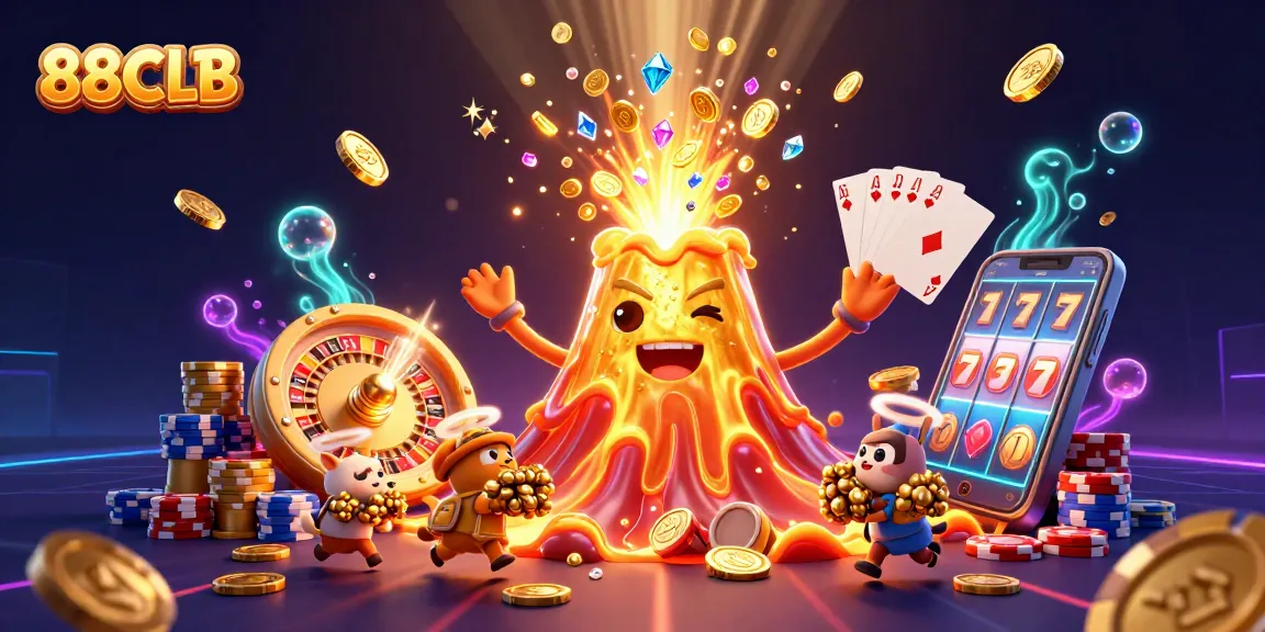 Engage with 88CLB's vibrant casino adventure featuring a golden volcano erupting treasure.