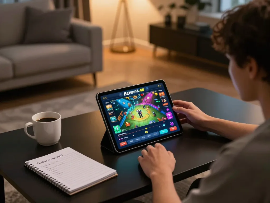 Engaging with Betwin4d online game interface on a tablet in a cozy home setup