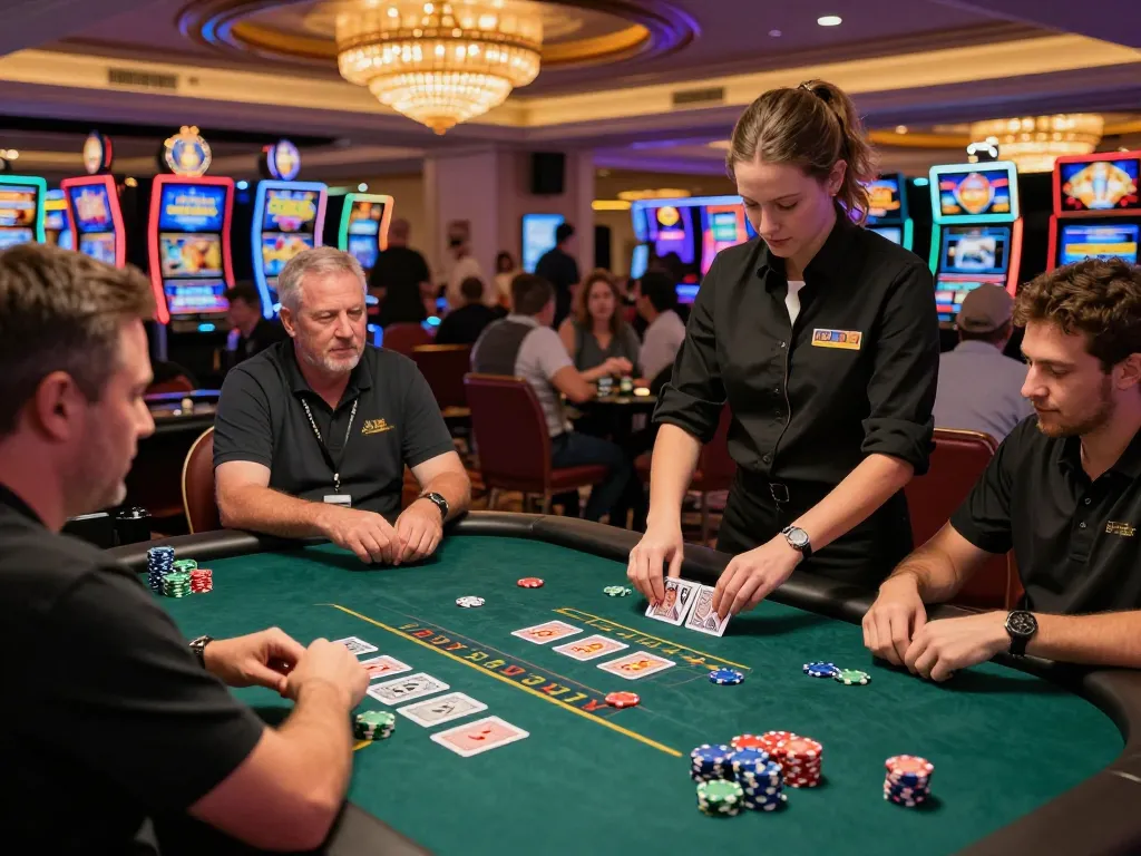 Engaged players at a blackjack table using mpoid strategies to maximize their wins in a vibrant casino setting.