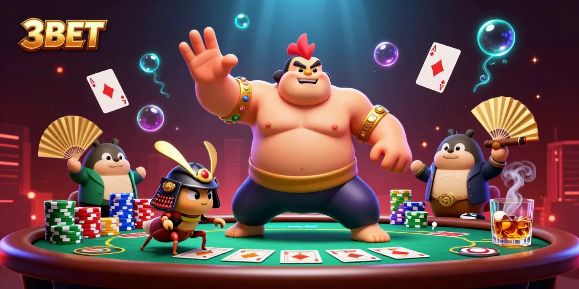 3BET showcases a powerful sumo rooster and samurai cricket at a vibrant poker scene.