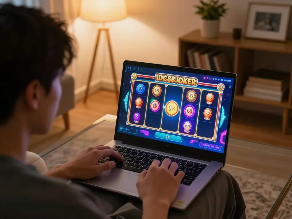 Player enjoying IDC88JOKER online gaming session at home, showcasing slot excitement.