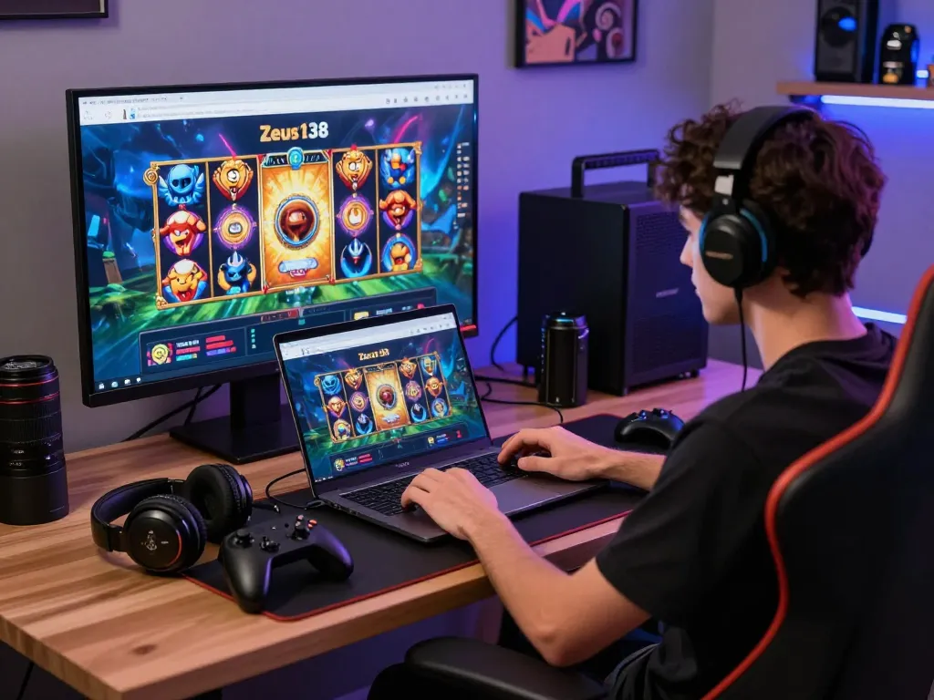 User playing games on Zeus138 website with engaging visuals and gaming accessories