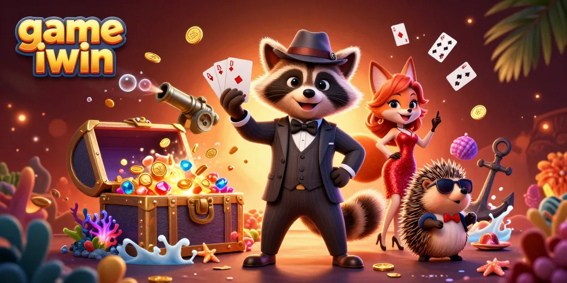 Engage with game iwin as a suave raccoon and friends enjoy a vibrant casino scene.