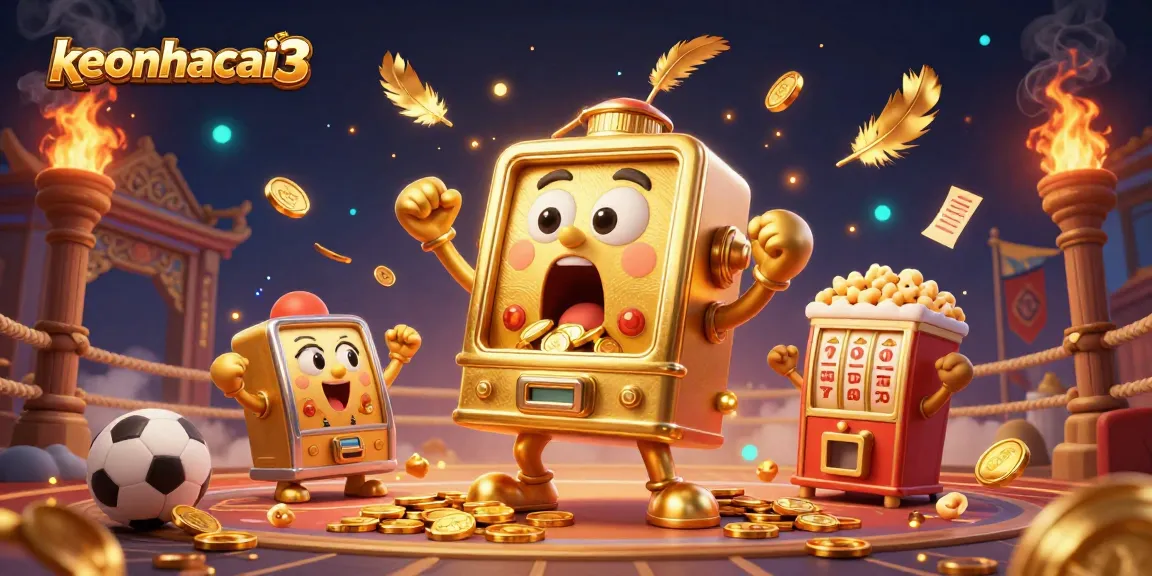 Experience keonhacai3's thrilling sports betting with golden slot machines celebrating a jackpot.