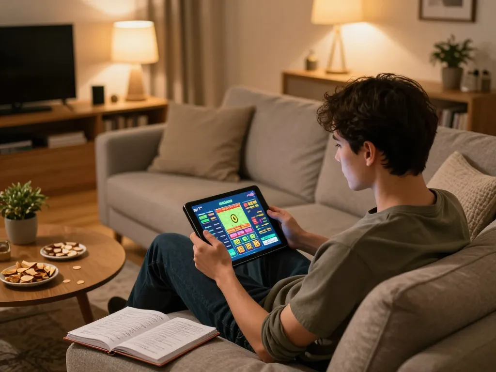 Lô đề online gaming strategy session in a cozy home setting with a tablet and snacks