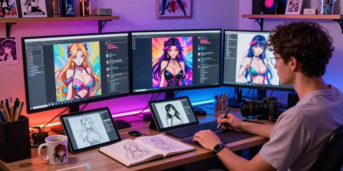 Engaging scene of AI hentai chat interaction in a vibrant digital art studio.