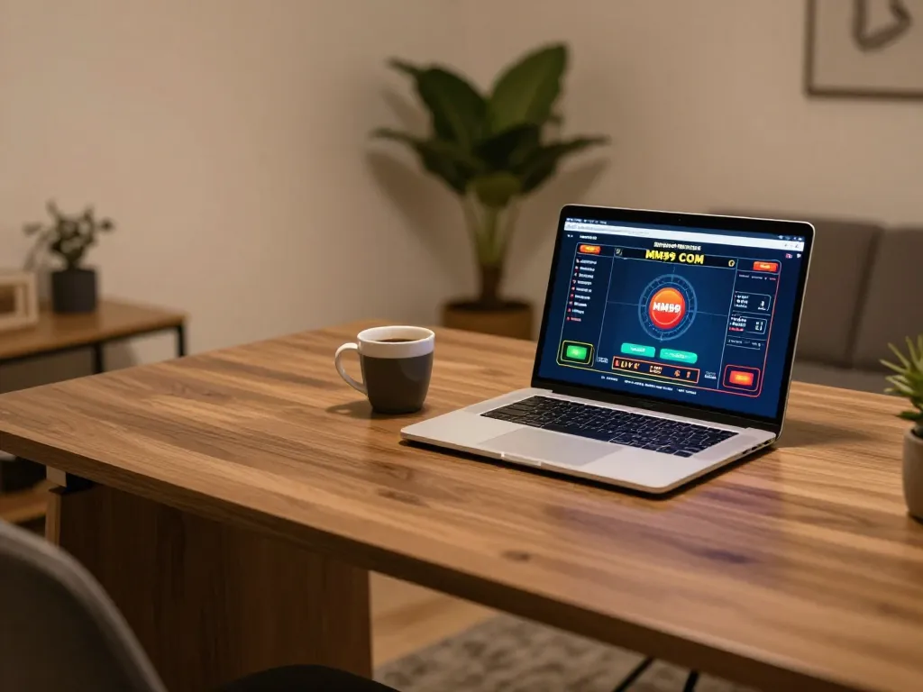 Players enjoying the MM99 COM online casino platform with a laptop and coffee, emphasizing responsible gaming.