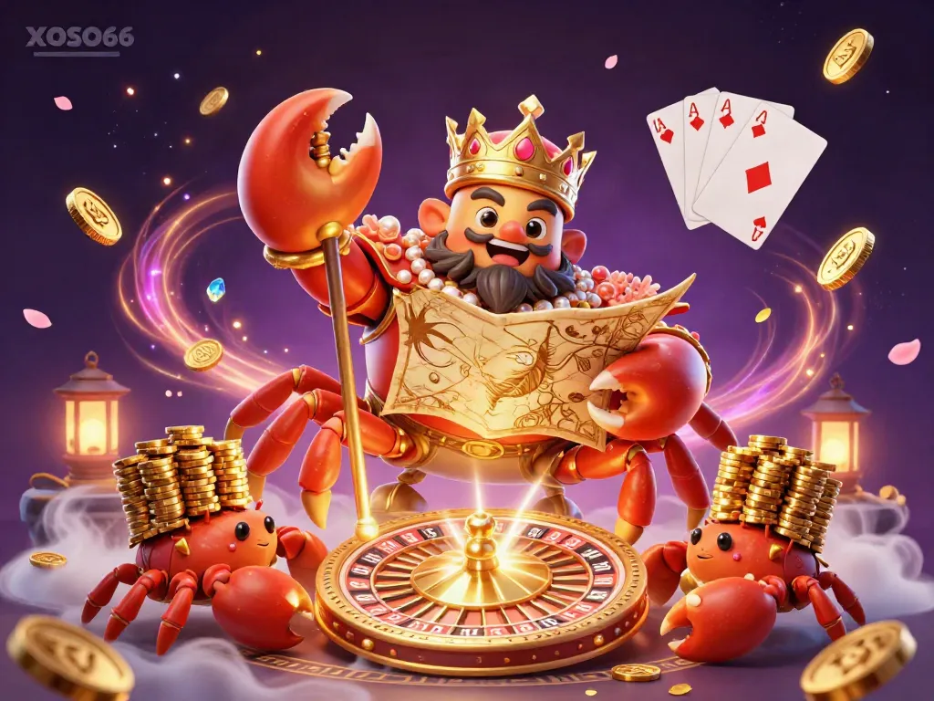 Play XOSO66 with a golden crab emperor in a vibrant casino scene featuring sparkling gems.